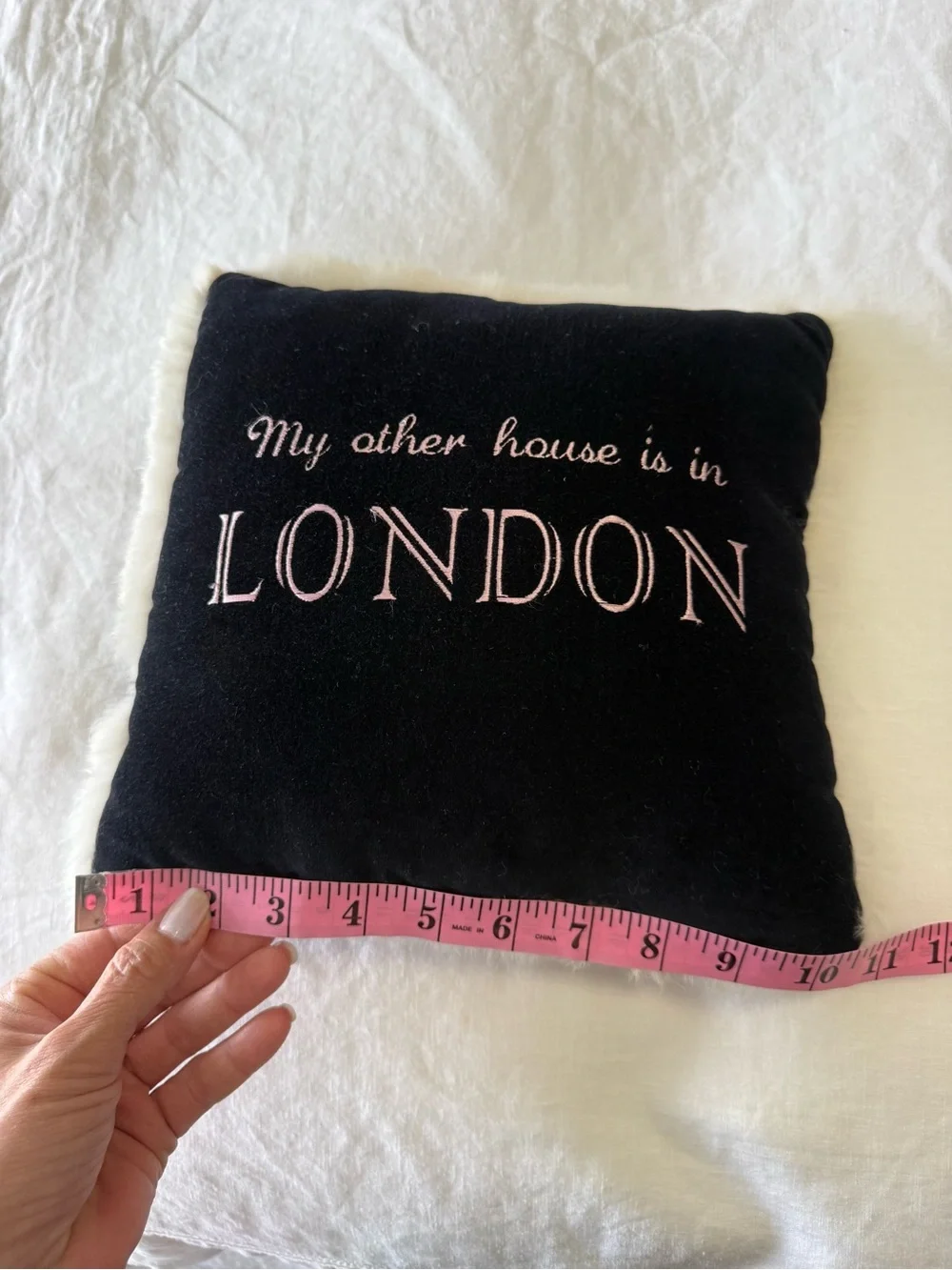 Black Velvet Faux Fur Trim Pillow | “My Other House Is In London” Embroidered